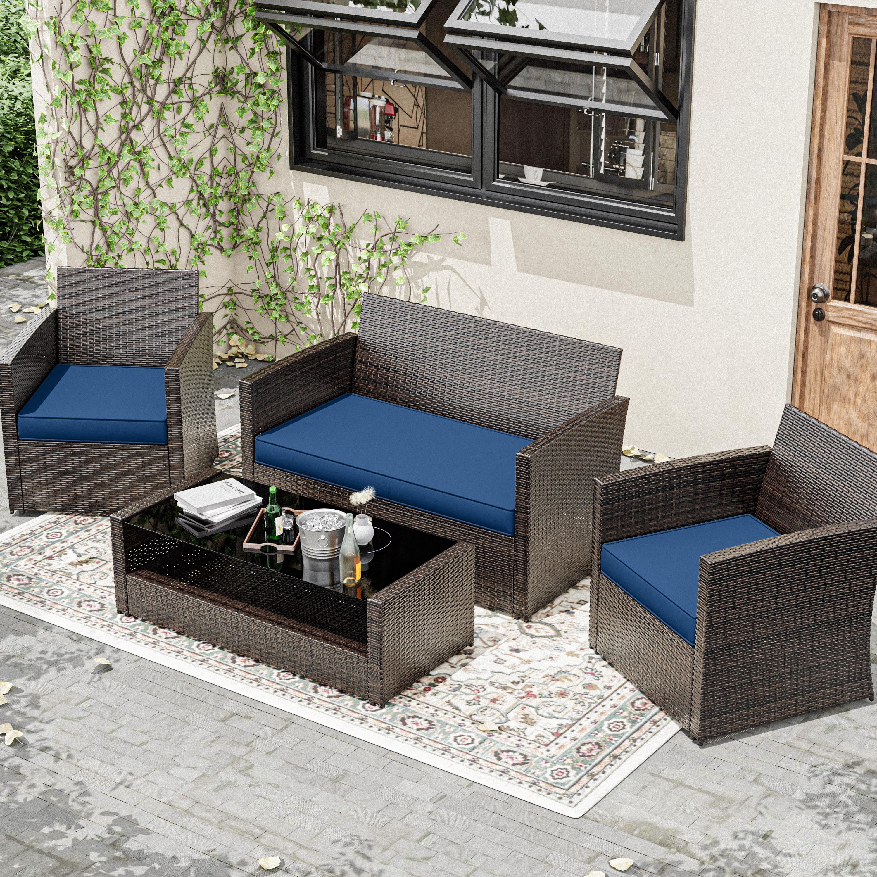 Snubbull 3 Pack Outdoor Replacement Cushions for 4-Seater Wicker Rattan Loveseat Sofa Chair Patio Furniture, 36 x 18 x 3,18 x 18 x 3, Blue