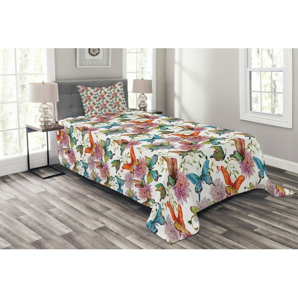 Butterfly Bedspread Set, Flying Butterflies with Floral Elements Vivid Color Palette Wildflowers