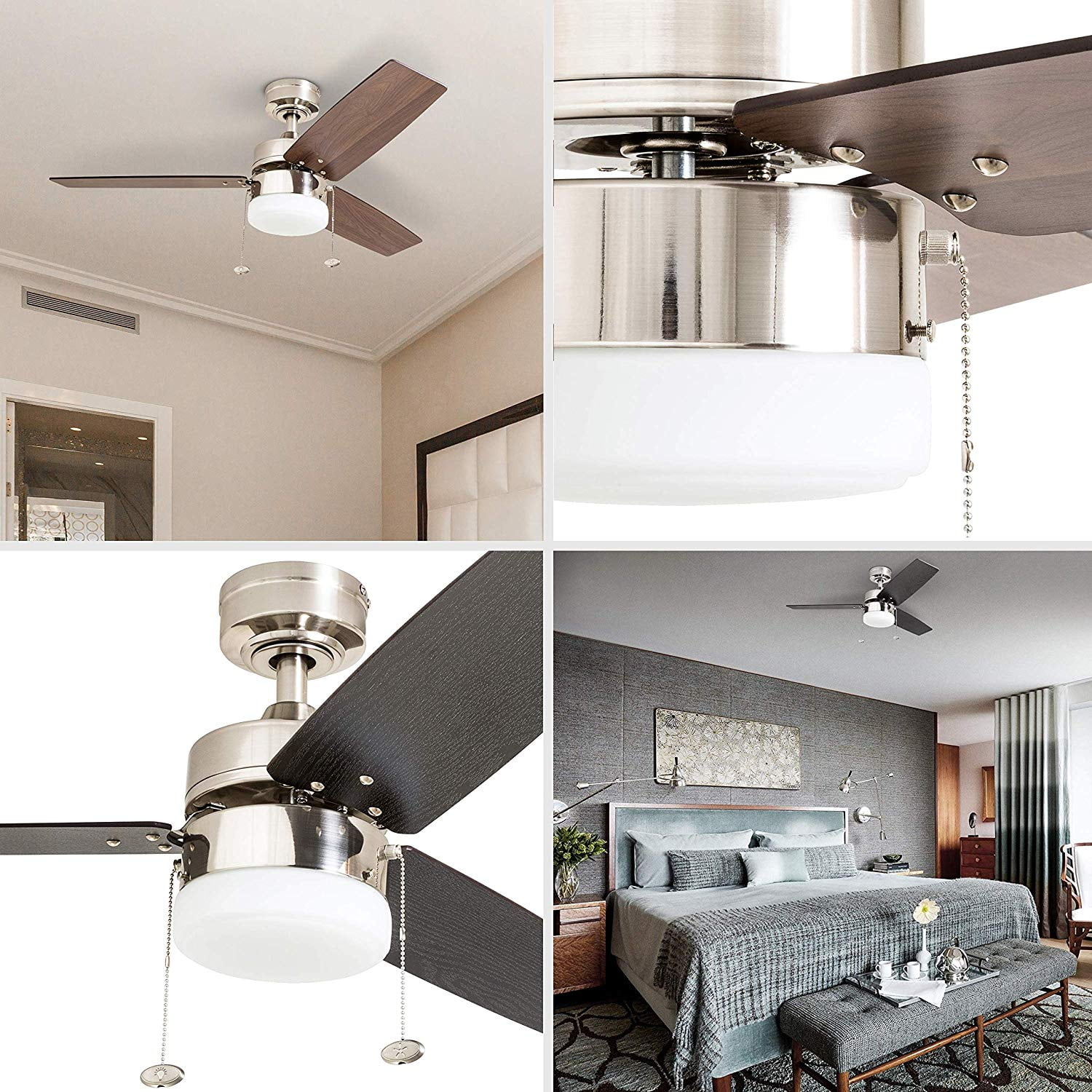 Prominence Home Reston 42" Brushed Nickel Modern Small Room Ceiling Fan with 3 Blades, LED Light Kit, Pull Chains & Reverse Airflow