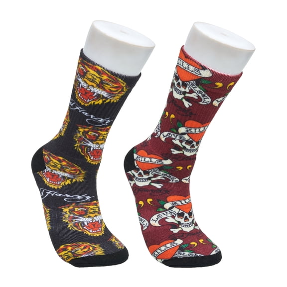 Ed Hardy Mens Tiger 10-13 Skull 360 Print Full Cushion Crew Sock 2-Pack