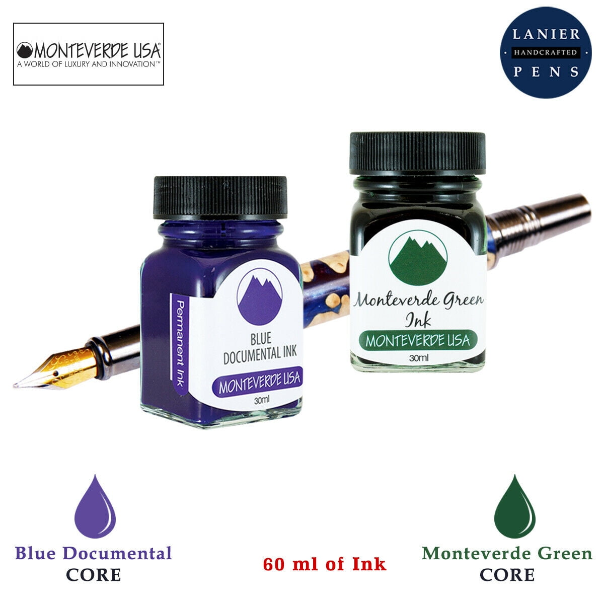 Monteverde 60ml Core Fountain Pen Ink Bottle (30ml Blue Documental Ink Bottle G309DU, 30ml Monteverde Green Ink Bottle G309MG)