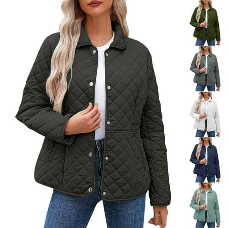 Feancey Women s Winter Quilted Jackets Snap Button Casual Plus Size Diamond Puffer Jacket Lightweight Down Coats Outerwear with Pockets Gray XXL