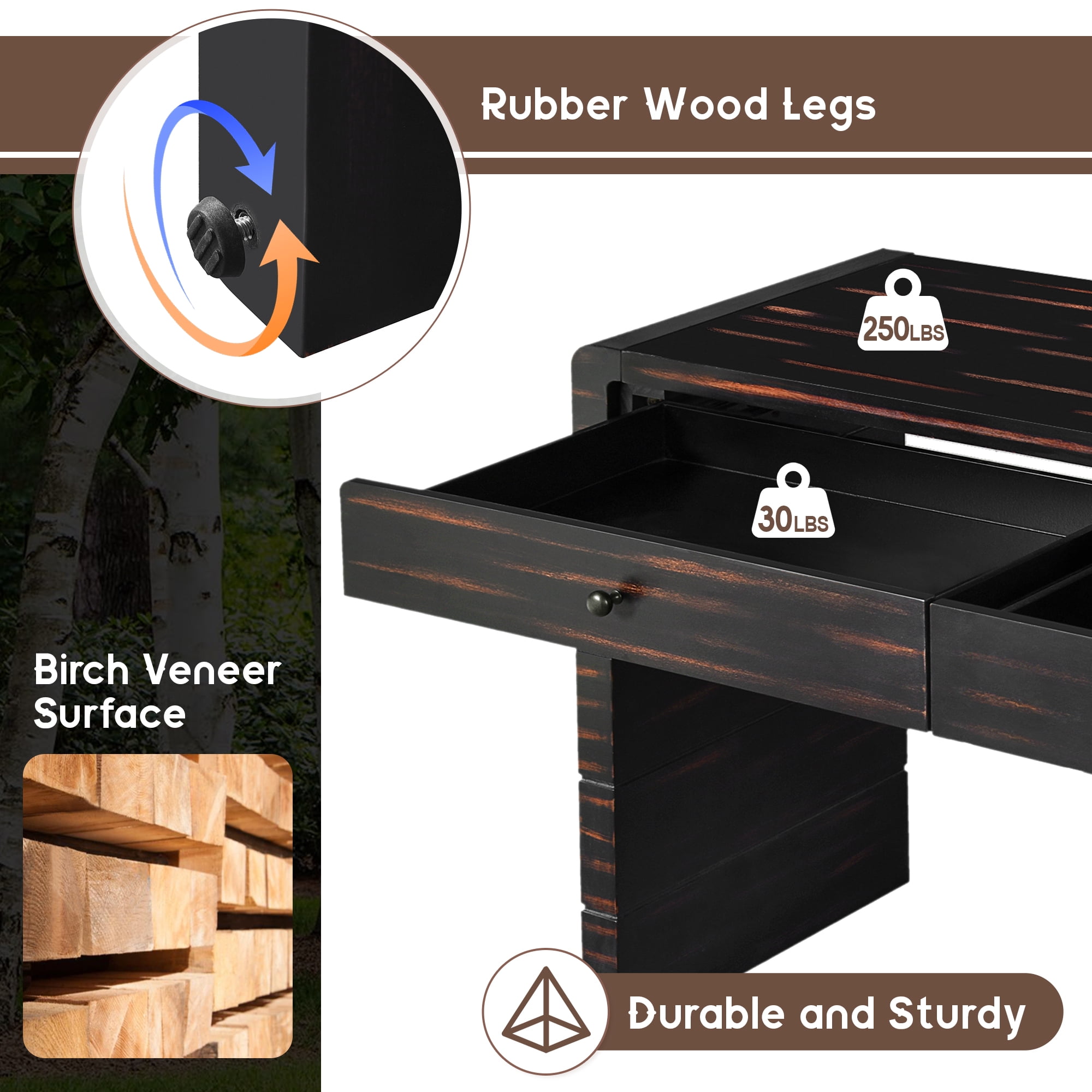 EUROCO 55" Long Console Table,Curved Entryway Table with 2 Storage Drawers,Farmhouse Wood Sofa Table Behind Couch for Living Room, Entrance, Hallway,Black