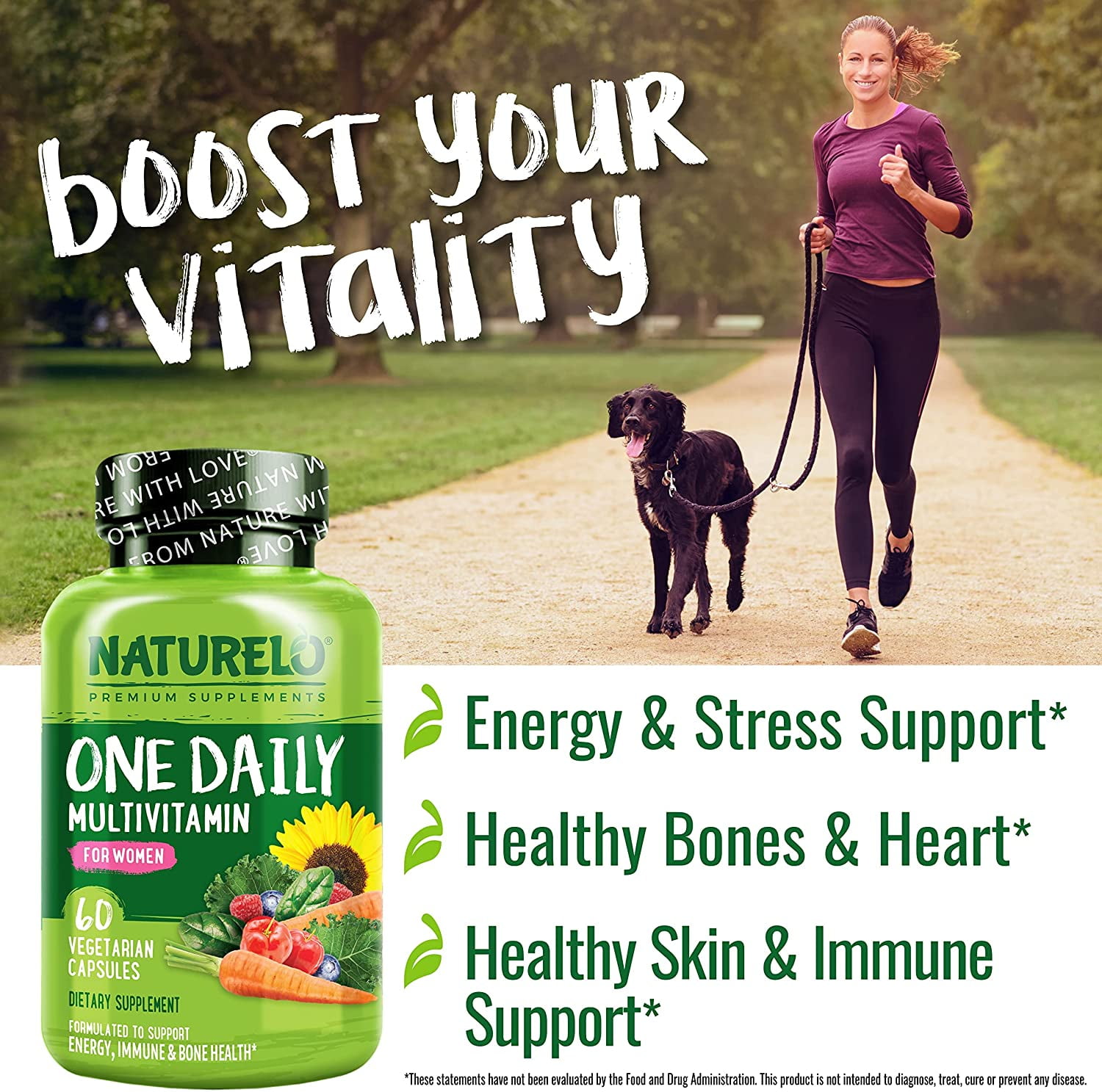 NATURELO One Daily Multivitamin for Women - Energy Support - Whole Food Supplement to Nourish Hair, Skin, Nails - Non-GMO - No Soy - Gluten Free - 120 Capsules - 4 Month Supply