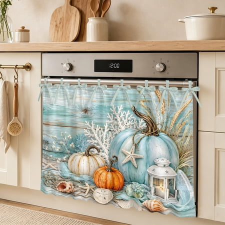 Coastal Blue Pumpkin Oven Skirt Curtain Fall Coral Starfish Shabby Chic Wood Grain Tie Top Tier Curtains Stove Dishwasher Skirt Small Window Drapes for Kitchen Bathroom Cafe 30 x21.5