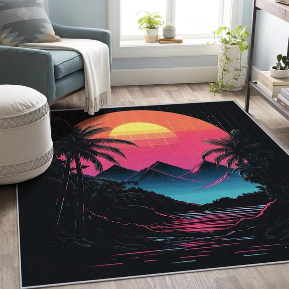 Retrowave Palm Tree Sunset Area Rugs, Vaporwave Tropical Carpet, Washable Non Slip Low Pile Soft Rug for Living Room Bedroom Gaming Room Decor Mat 2x3ft