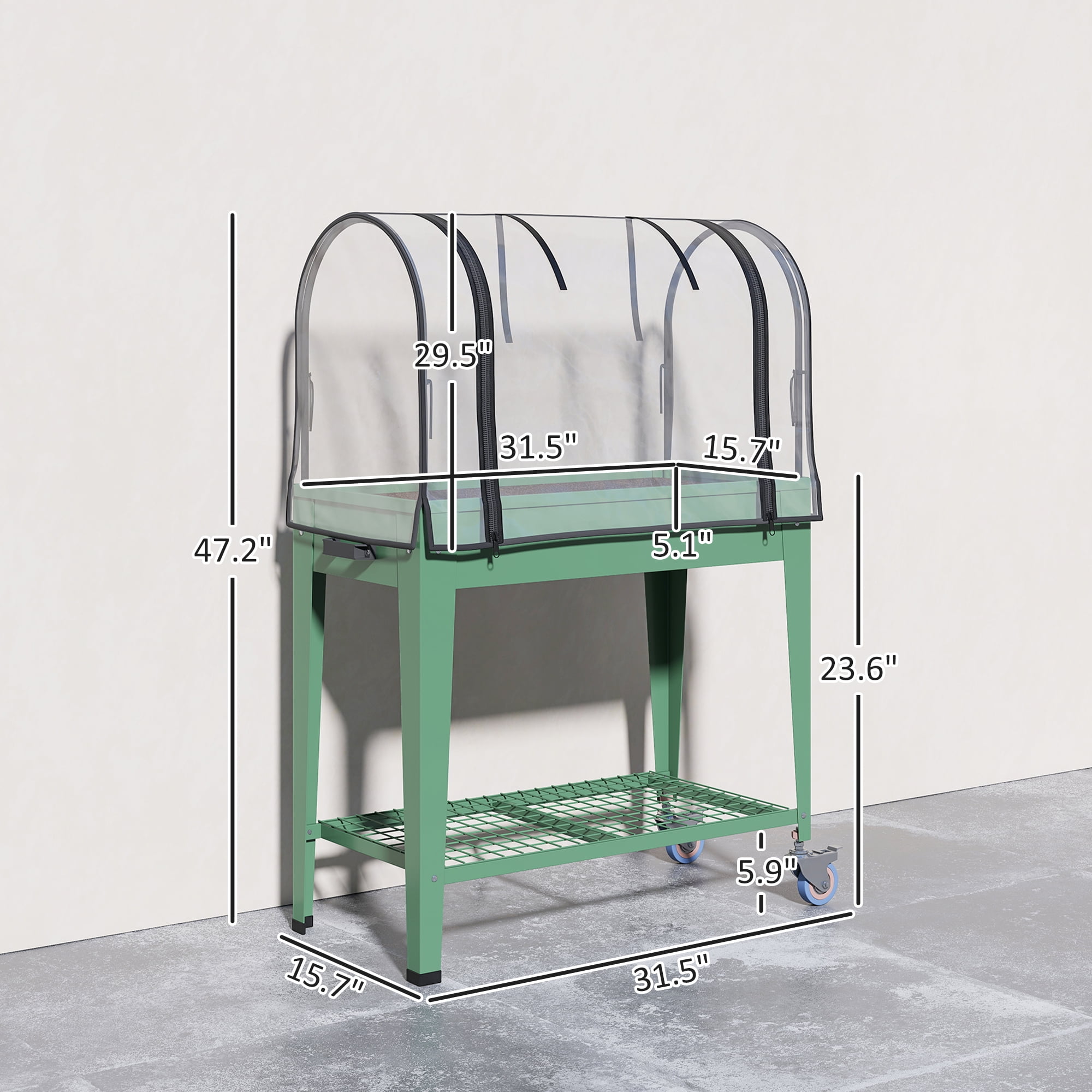 Outsunny Raised Garden Bed with Greenhouse Cover, Metal Outdoor Elevated Planter Box with Lockable Wheels, Storage Shelf and Drainage Hole, Green