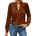 thumbnail image 3 of QATAINLAV Velvet Shirts for Women Dressy Casual Long Sleeve V Neck Blouse Solid Color Ruffle Trim V Neck Holiday Tops, Brown, L, 3 of 9