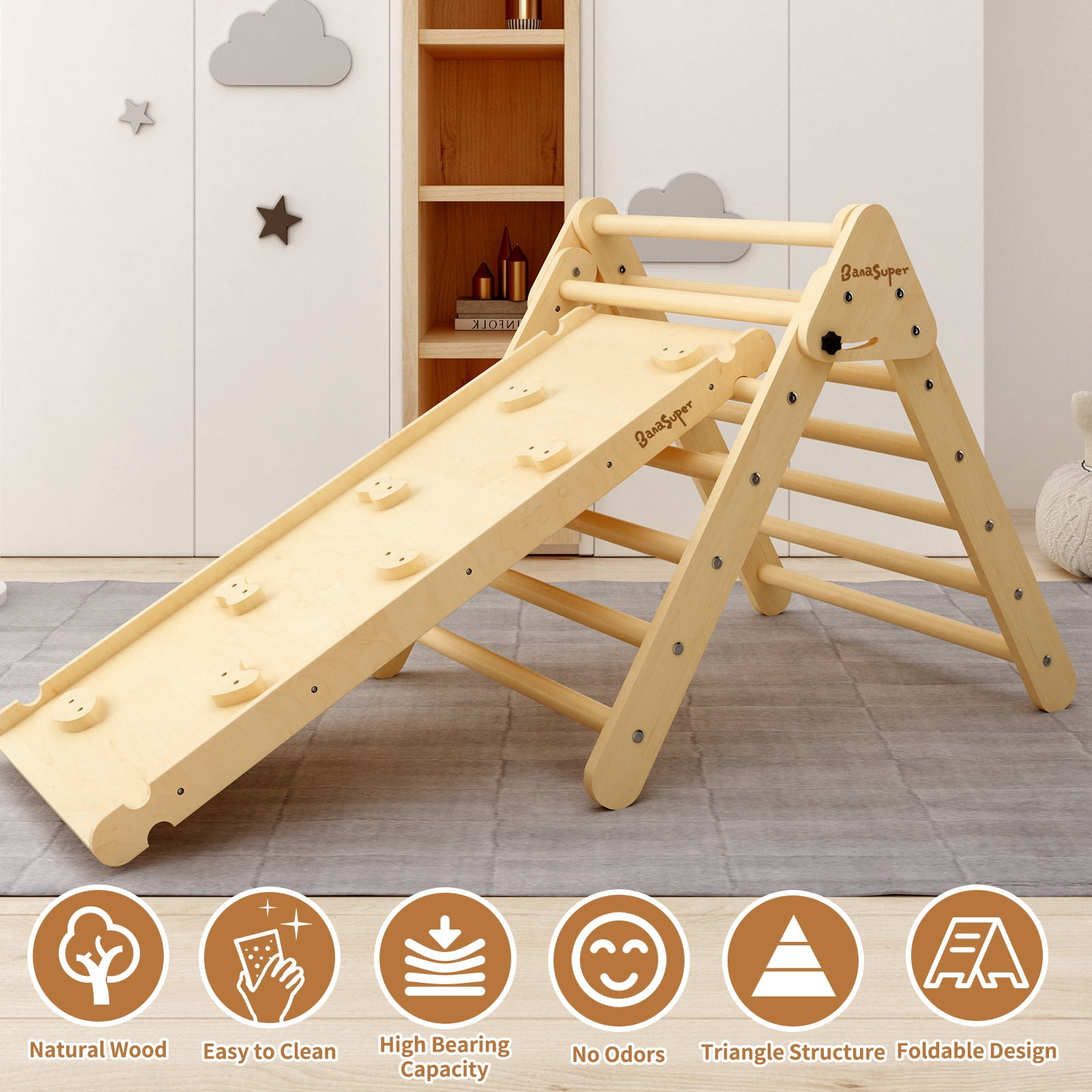 Banasuper Foldable Pikler Triangle Climber with Ramp 2-in-1 Wooden Climbing Triangle Set with Ladder & Slide Montessori Climbing Toys for Toddler Kids Indoor Playground Play Gym