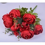 13 Heads Cored Artificial Peony Silk Flowers Bouquet Glorious Moral for Home Office Parties and Wedding(red)