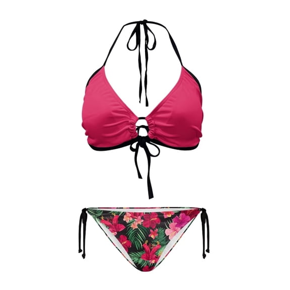 Uourmeti Hawaiian Hibiscus Tropical Flower Bikinis for Big Busted Women V Neck Lace Up Low Waist Soft Breathable Two Piece Swimsuit Push Up Bikini Sets Bathing Suits