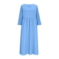 thumbnail image 6 of Women's cotton and linen dress, V-neck, elegant three-quarter sleeve, long slip dress, fashionable and casual beach vacation wear., 6 of 8