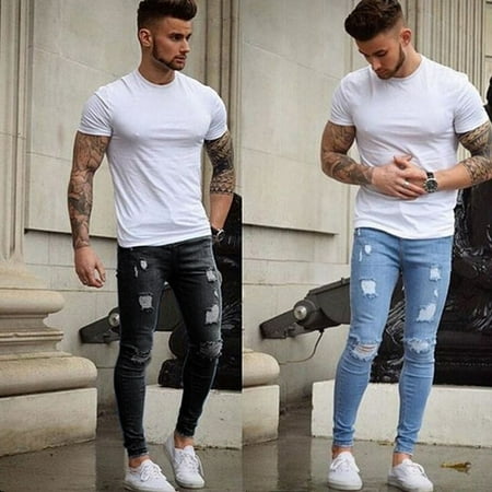 Mens Stretchy Ripped Skinny Biker Jeans Destroyed Taped Slim Fit Denim (Best Way To Rip Jeans)