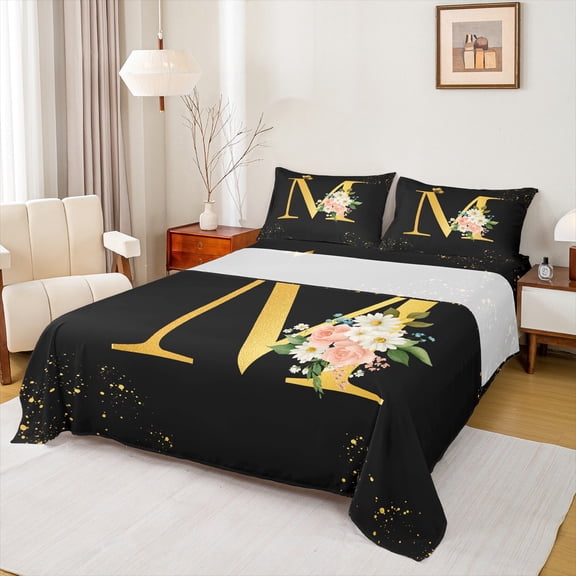 Homewish Initial M Letter Twin Sheet Sets, Butterfly Rose Floral Twin Fitted Sheet, Black Gold Sequin Print Flat Sheet, Lightweight Room Decor, 3-Piece