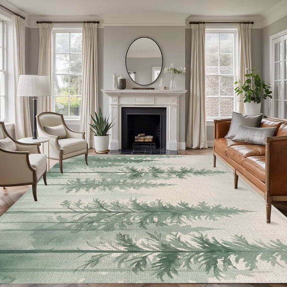 Watercolor Green Forest Area Rugs 6'x9', Washable Small Throw Rugs for Kitchen Dining room, Misty Cloud Trees Linen Texture Indoor Outdoor Rug Non-Slip Low Pile Carpet Runner Reversible Floor Mats