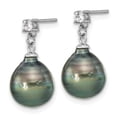 thumbnail image 3 of Sterling Silver Rhodium-plated 9-10mm Black Teardrop Tahitian Saltwater Cultured Pearl and CZ 17 inch Necklace and Post Dangle Earrings Set, 3 of 6