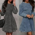 thumbnail image 2 of Vestido vaquero elegante para mujer, moda de otoño, cintura alta, cuello redondo, manga larga, plisado, corte en A, informal, ajustado, vestidos de fiesta 2024, 2 of 4