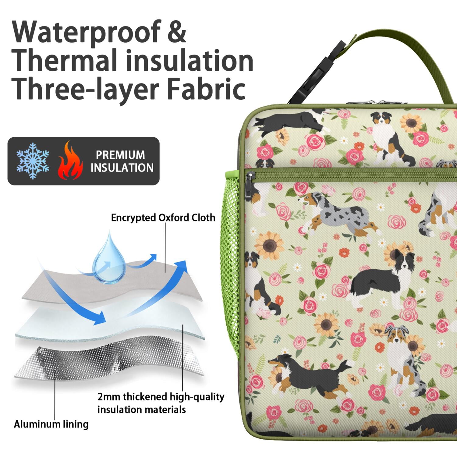 Funny Dog Illustration Lunch Box, Cartoon Puppy Print Insulated Cooler Bag, Adorable Pet Lover Tote for Office, Hiking, Travel, School