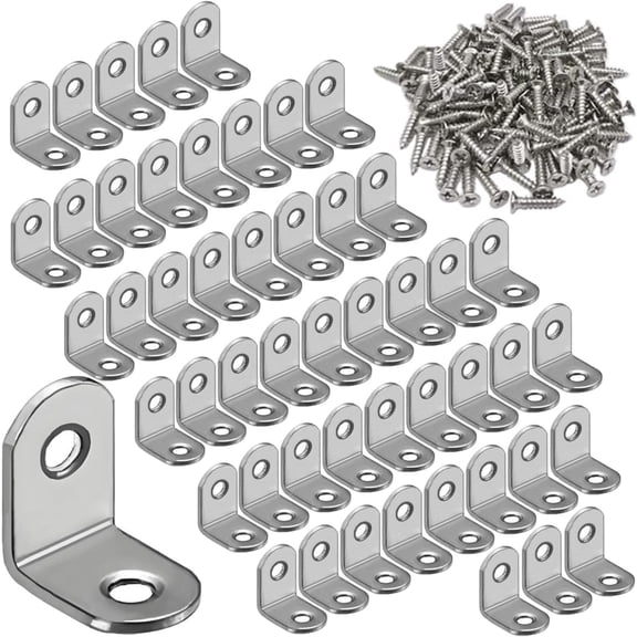 50 Pack Stainless Steel L Bracket, 90 Degree Right Angle Corner Braces with Screws for Wood Shelf Furniture Support