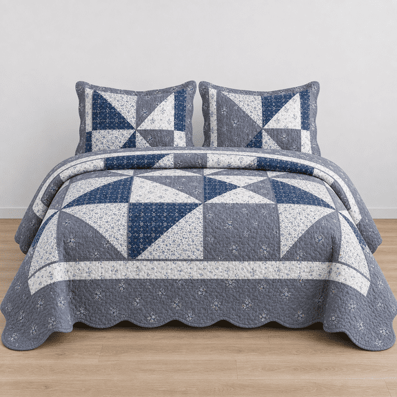 Oversized King Grey Floral Patchwork Reversible Quilt Bedding Set