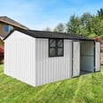 thumbnail image 2 of 12ft x 10ft Metal Outdoor Storage Garden Tool Shed Workshop with Foldable Worktable, Shelves, Window, Hanging Lamp Hook & Apex Roof for Backyard Garden Patio, White+Black, 2 of 7