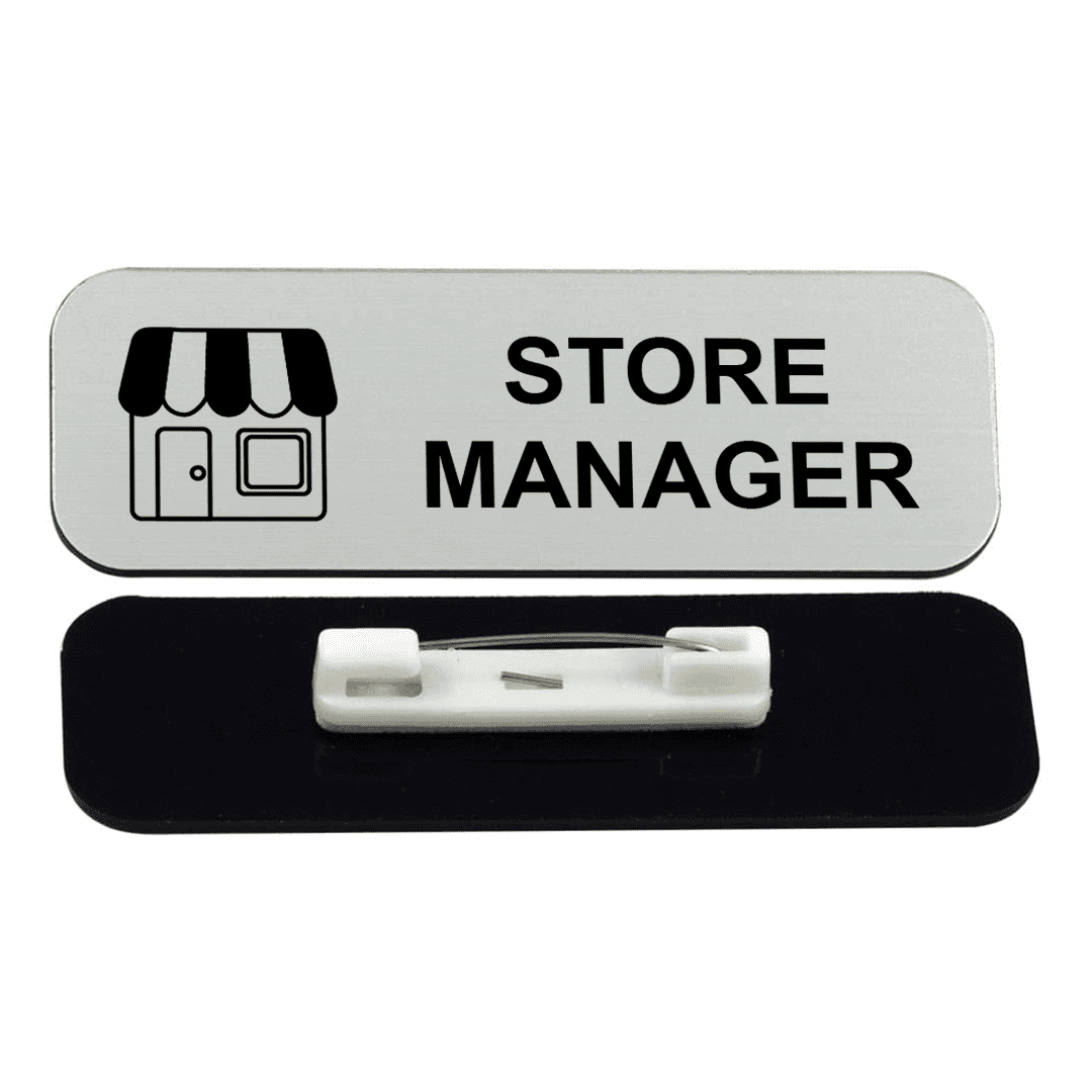 Store Manager 1 x 3" Name Tag/Badge, Silver, (3 Pack)