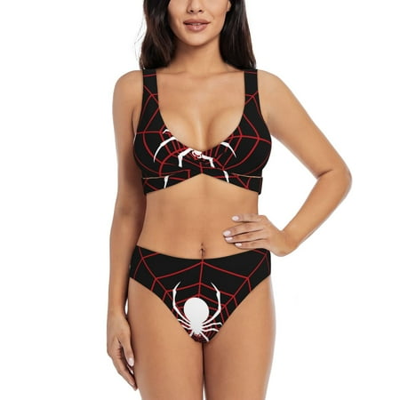 Zeuib Spider On The Web High Waisted Tummy Control Bikini Set - Knot Front Push Up Top & Cheeky Thong Bottom  Two-Piece Swimsuit for Women-Large