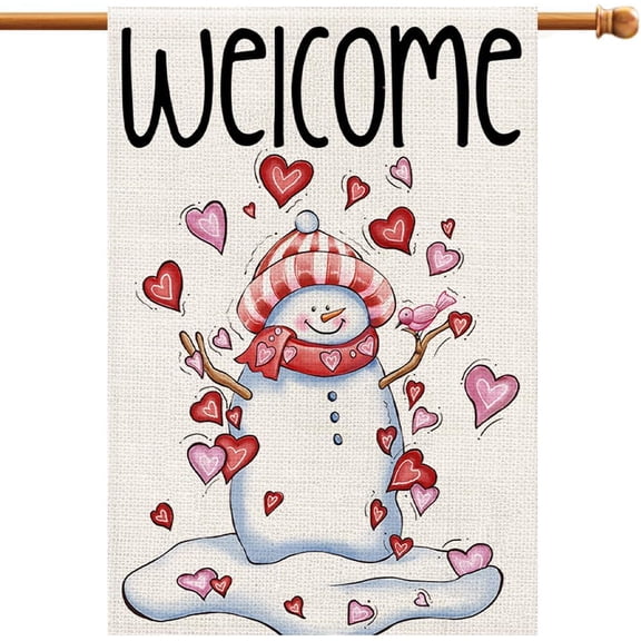 Snowman Love Heart Welcome House Flags Burlap 28x40 Inch Double Sided Outside, Valentine''s Day Decoration Holiday Yard Sign DF413-28