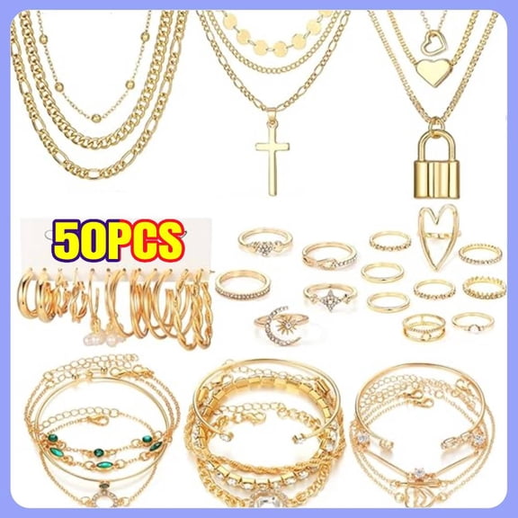 50PCS Gold Jewelry Set for Women with Necklaces, Bracelets,Hoop Earrings Ear Studs, Knuckle Rings for Womens Gold Plated Fashion Jewelry Set