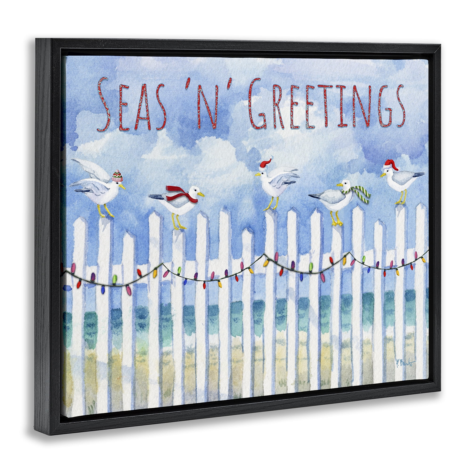 Stupell Industries Seas 'n' Greetings Seagulls Holiday Painting Black Floater Framed Canvas Art Print Wall Art, 31 x 25