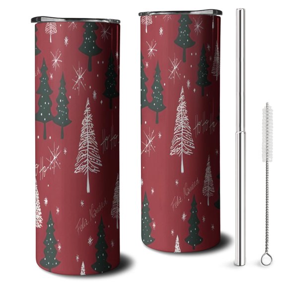 20oz Red Christmas Tree and Snow Pattern Skinny Tumblers Stainless Steel Tumbler with Lid and Straw,Vacuum Insulated Double Wall Travel Tumbler Cups with Cleaning Brush for Coffee,Tea