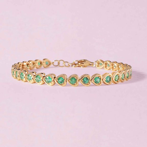 Emerald heart shape Tennis Bracelet,14K Gold plated Emerald Bracelet, heart Emerald Tennis Bracelet, Emerald Layering Bracelet For Women Gift