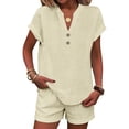 thumbnail image 4 of Summer 2 Piece Sets for Women 2026 Trendy Button Decor Tops, Drawstring Shorts Ladies 2 Piece Sets Beige S, 4 of 5