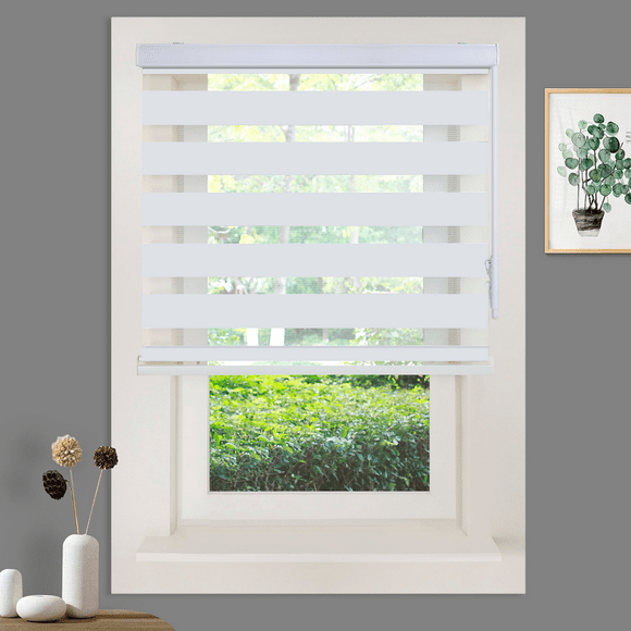 WYMO Zebra Blinds 31 x 48 INCH - Sheer Horizontal Blinds and Shades for Daytime and Nighttime - Light Filtering Roller Shades for Windows - White - Manual Control Stick