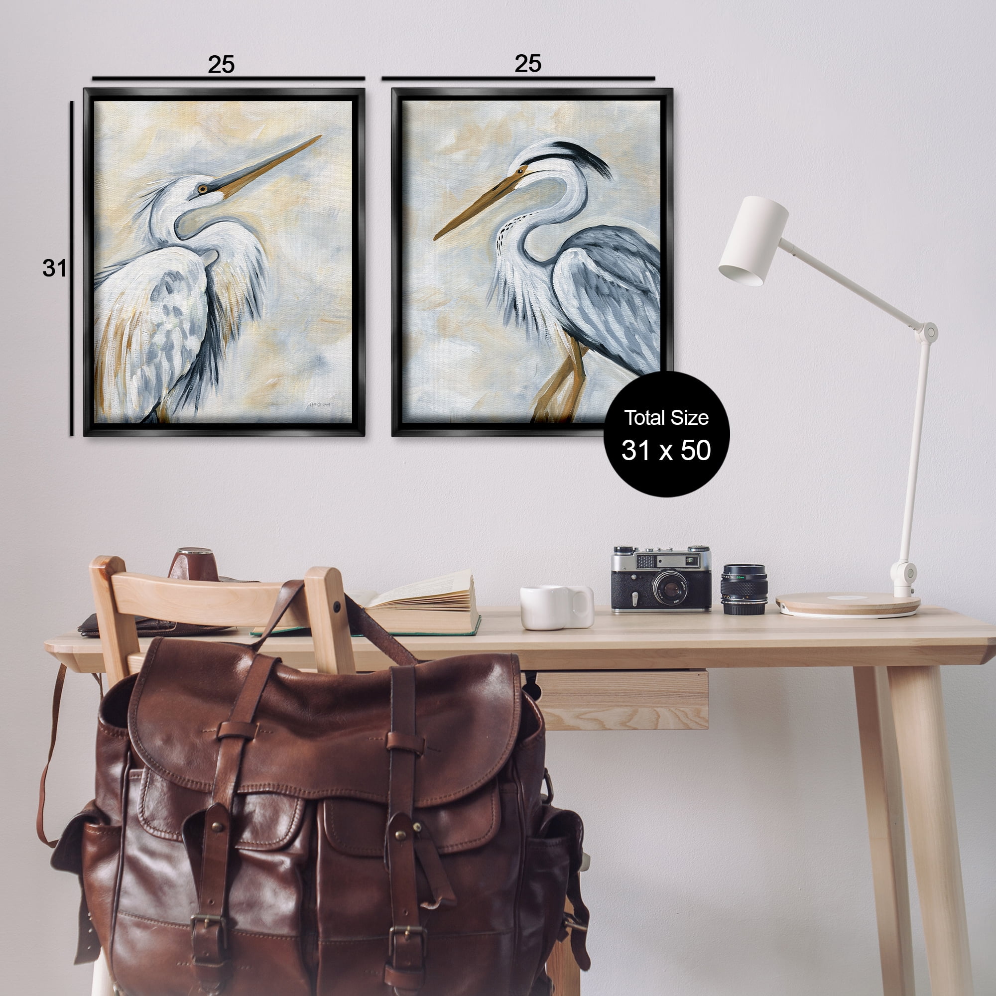 Stupell Industries White Egret Blue Heron Animals Painting Black Floater Framed Canvas Art Print Wall Art, 31 x 25, Set of 2