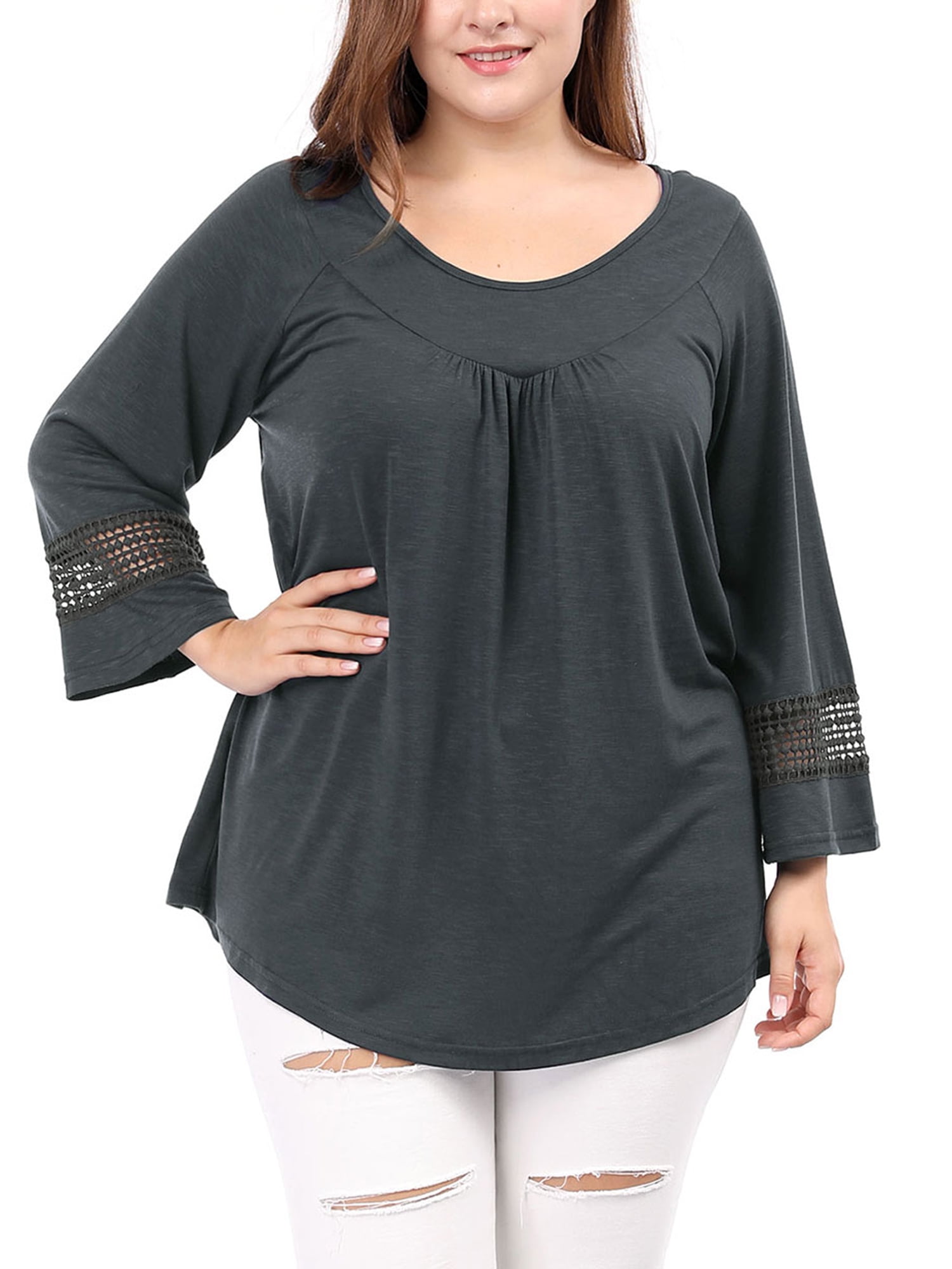 Unique Bargains Juniors' Plus Size Crochet Panel Kimono Raglan Sleeves Ruched Front Top Dark Grey 1X
