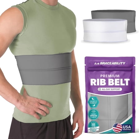 BraceAbility Adjustable Compression Rib Support Wrap, Gray, Universal Male