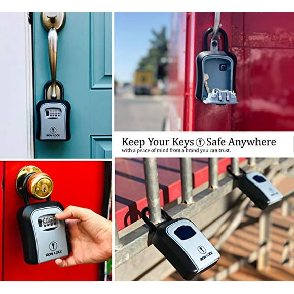 Iron Lock - Key Lock Box Portable and Wall Mounted with Removable Shackle Indoor Outdoor Waterproof 4 Digit Combination with Resettable Code with A B Switch Key Lockbox for Outside Hold 5 Spare Keys
