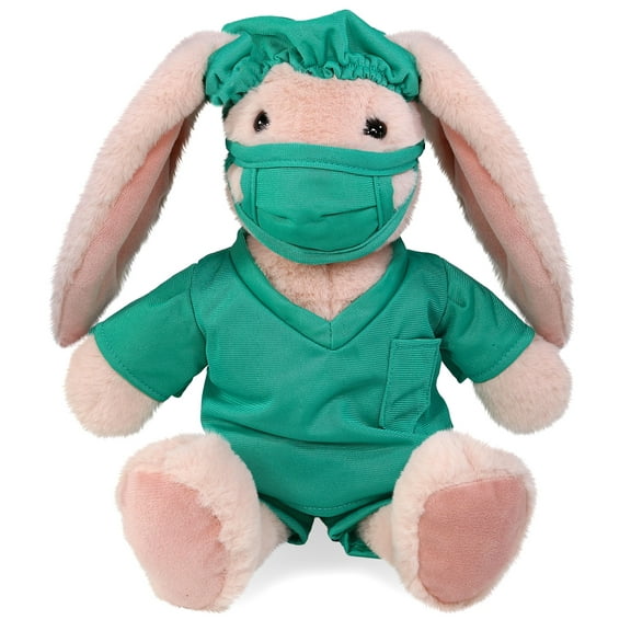 DolliBu Baby Pink Rabbit Doctor Plush Toy - Super Soft Rabbit Doctor Stuffed Animal Dress Up with Cute Scrub Uniform and Cap Outfit - Fluffy Toy Plush Gift for Doctor, Nurse, Surgeon, Dentist - 8 Inch