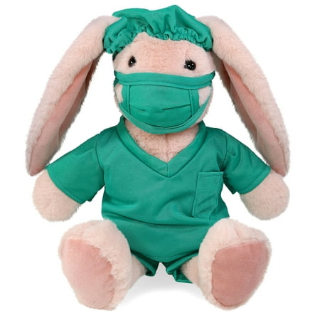 DolliBu Baby Pink Rabbit Doctor Plush Toy - Super Soft Rabbit Doctor Stuffed Animal Dress Up with Cute Scrub Uniform and Cap Outfit - Fluffy Toy Plush Gift for Doctor Nurse Surgeon Dentist - 8 Inch