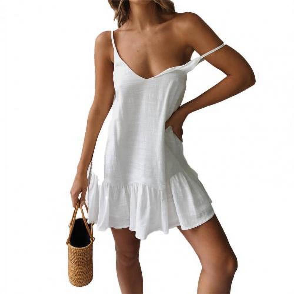 Womens V-Neck Mini Dress Summer Loose A-Line Short Skirt Solid Sleeveless with Belt Dress 