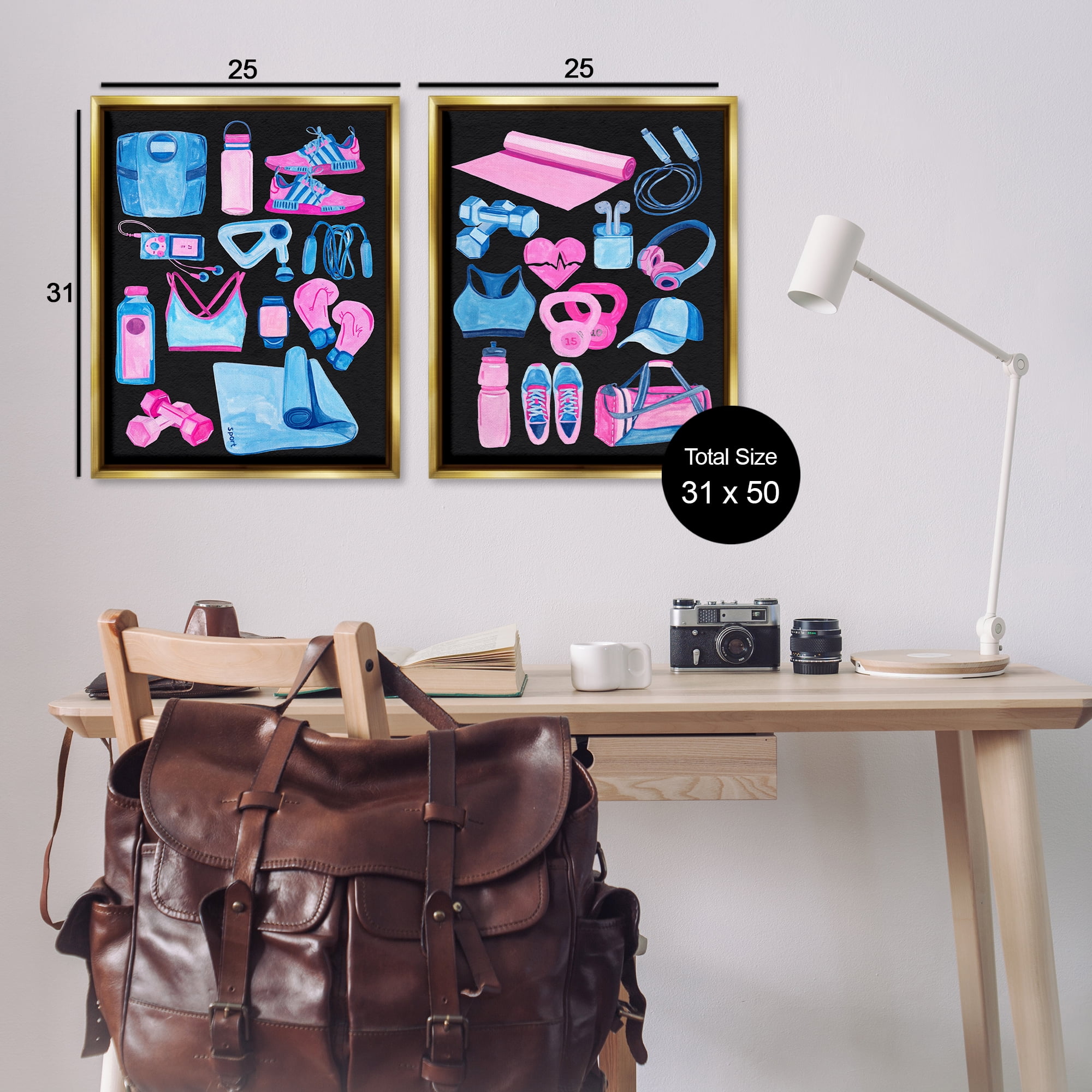 Stupell Industries Exercise Gear Pink & Blue Sports Painting Gold Floater Framed Canvas Art Print Wall Art, 31 x 25, Set of 2