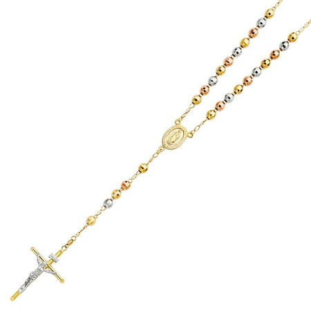 14k Rosary Crucifix - 14K Tri-color Gold Links Puff Ball Diamond Cut 6mm Rosary Necklace Religious Cross Crucifix 26