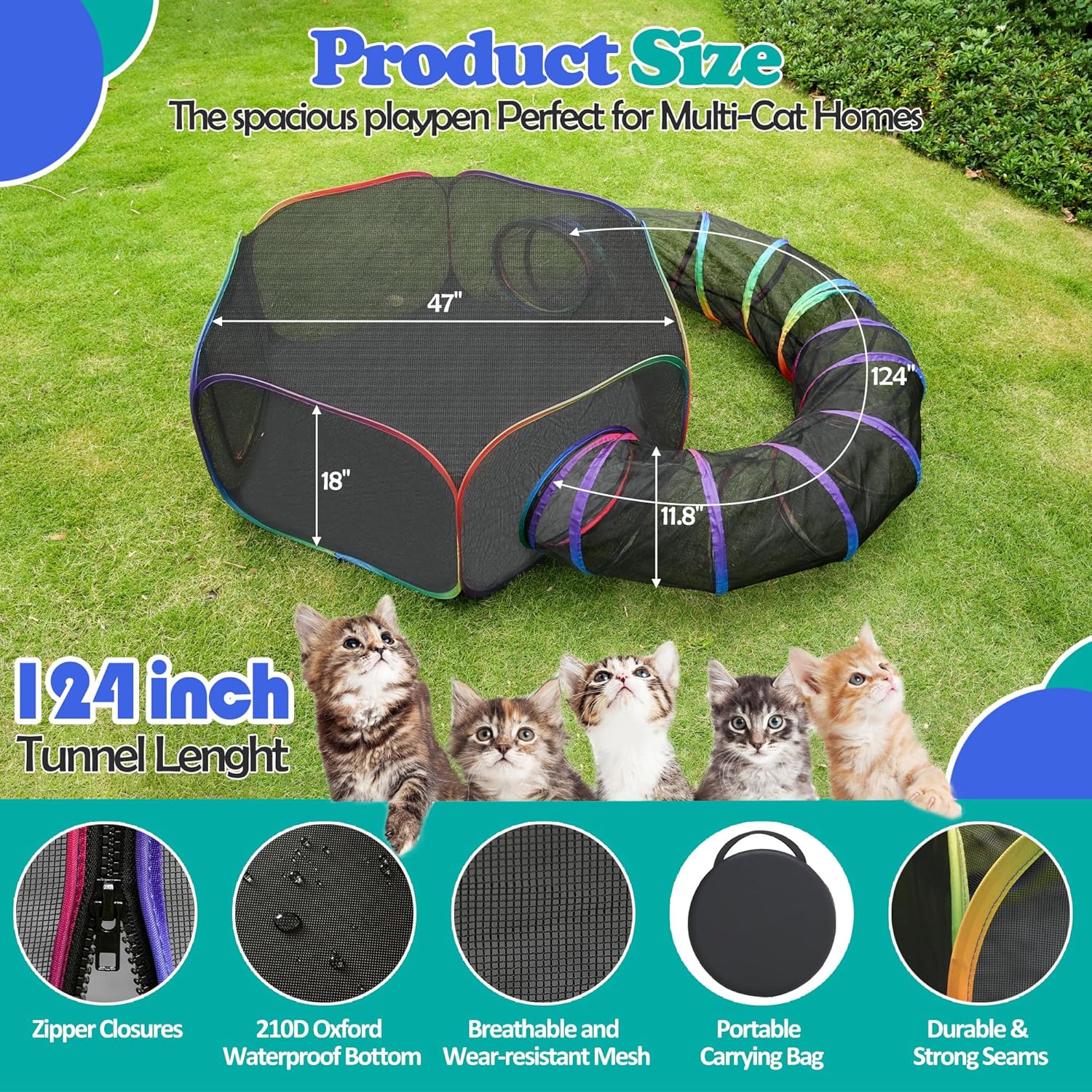Outdoor Cat Enclosure, Portable Catio Playground with Tent & Tunnel for Cats and Small Animals, Foldable Cat Playpen Includes Storage Bag for Outside and Indoor Play, Rainbow Color