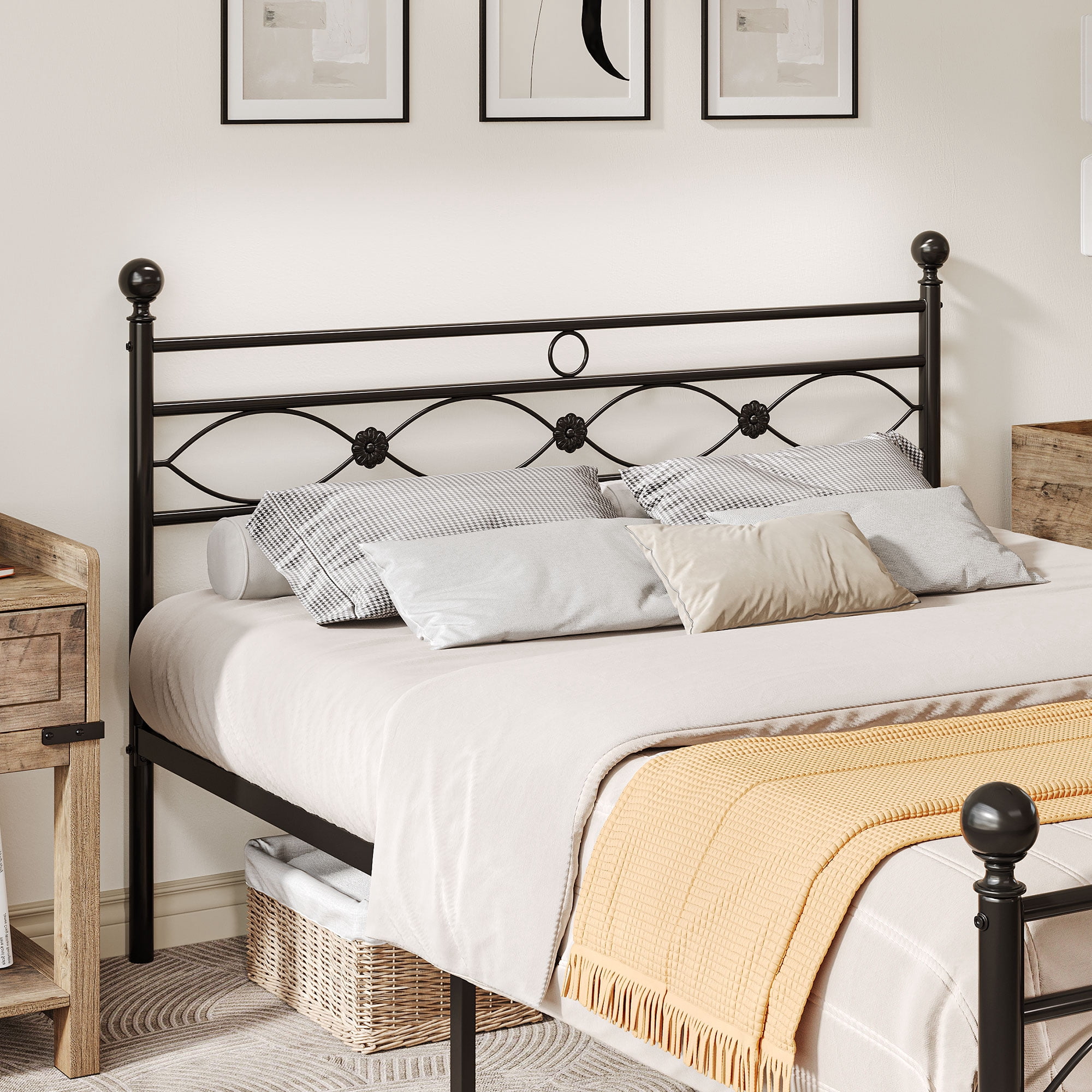 Dextrus Industrial Full Size Platform Metal Bed Frame with Headboard & Soundproof Cotton, No Box Spring Needed