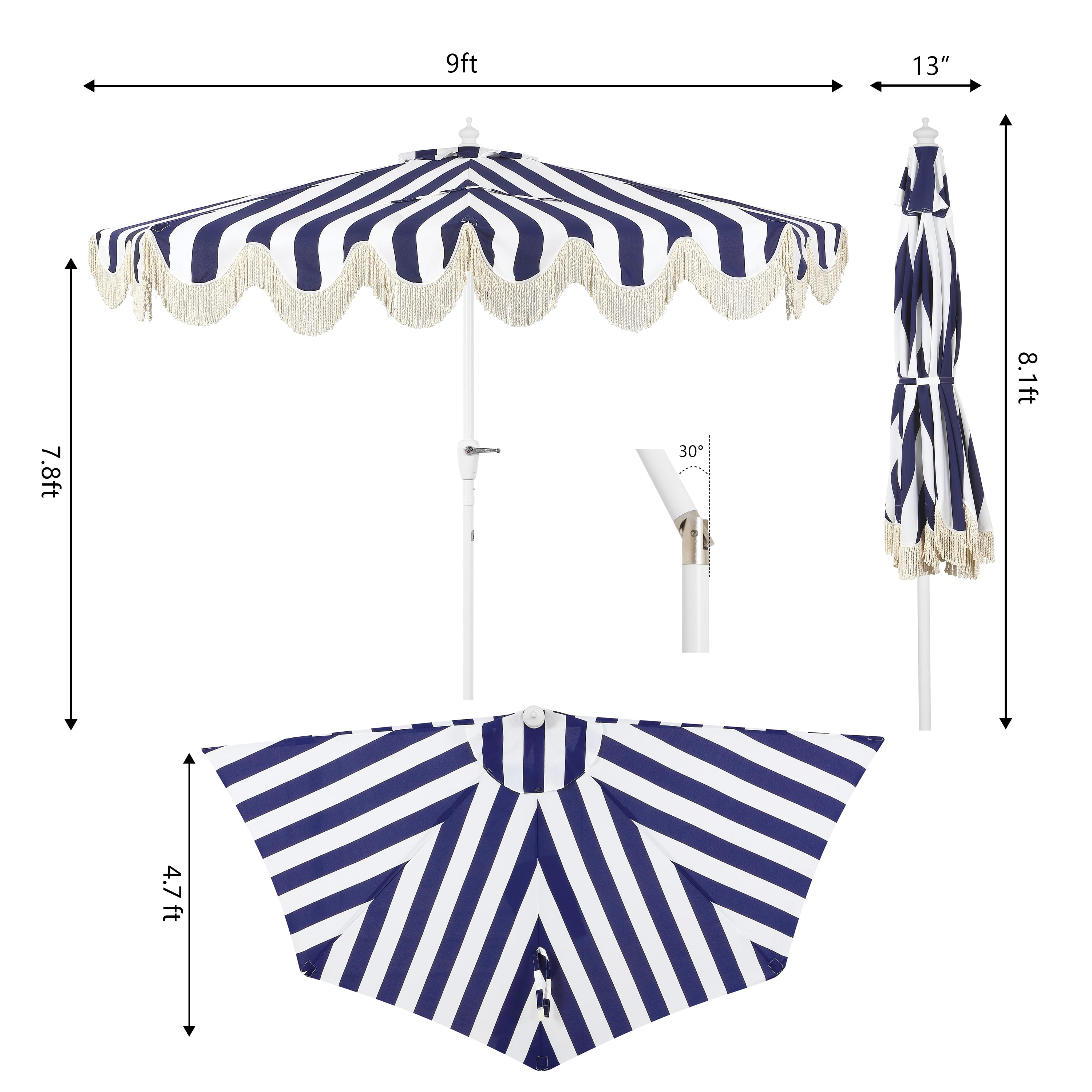 JONATHAN Y Beverly 9 ft. Half Market Patio Umbrella, Designer Classic Scalloped Fringe with Crank, Tilt Button and UV Protection, Navy/White, White Pole