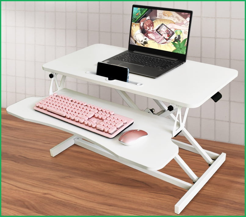 Desk Converter, 31.5”x15.7” Height Adjustable Sit to Stand Riser with Wide Keyboard Tray, Dual Monitor/Laptop Workstation | White | MDF+Metal