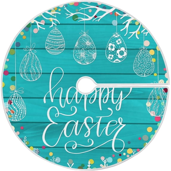 FMSHPON Happy Easter Hanging Eggs Tree Twigs Xmas Christmas Tree Skirt Stand Mat for Holiday Party Decoration Indoor Outdoor 48 inches
