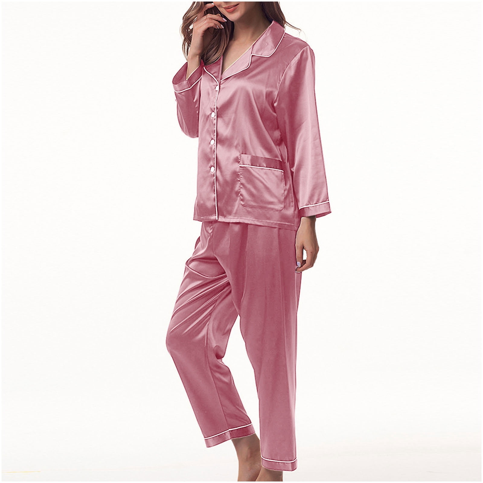 BONIXOOM Pajamas For Women Thanksgiving Pajamas Sleepwear None Long Sleeve Sleepwear Sets Solid Hot Pink L