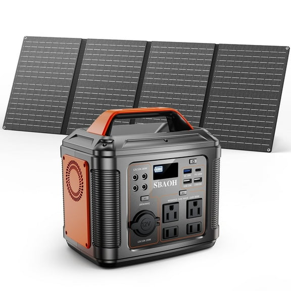 300W Portable Power Station 296Wh 80000mAh Lithium Battery Outdoor Solar Generator Quick Charge 110V AC DC Ports for Home Backup Black(with Solar Panel)